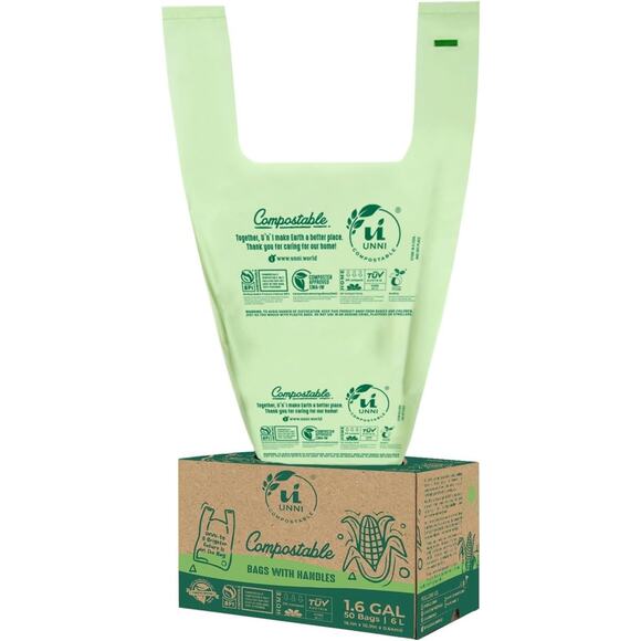 UNNI Compostable Bags with Handles 1.6 Gallon / 6 Liter, 50 Count, 0.64 mil - Picture 1 of 5